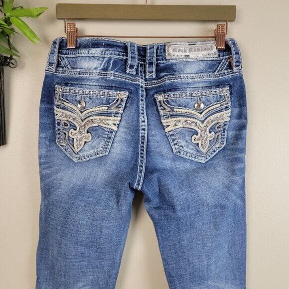 Rock Revival Vitual Pink Mid Rise Straight Patch Distressed Medium Wash Jeans 27 - Picture 12 of 16